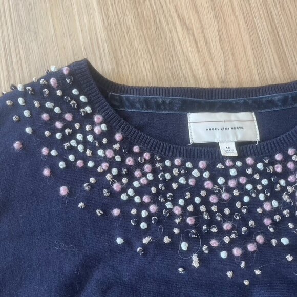 ** ANGEL OF THE NORTH ANTHROPOLOGIE Navy POM POM CASHMERE BLEND SWEATER XS - Picture 7 of 8
